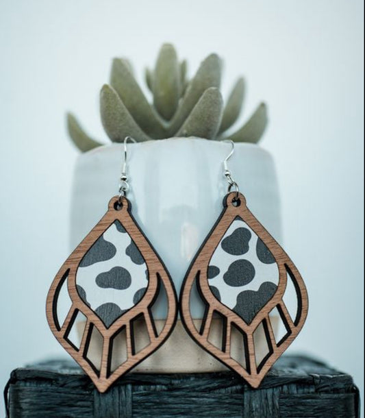 Black & White Cow Cutout Inset Teardrop Dangles - Western Vibes Collection