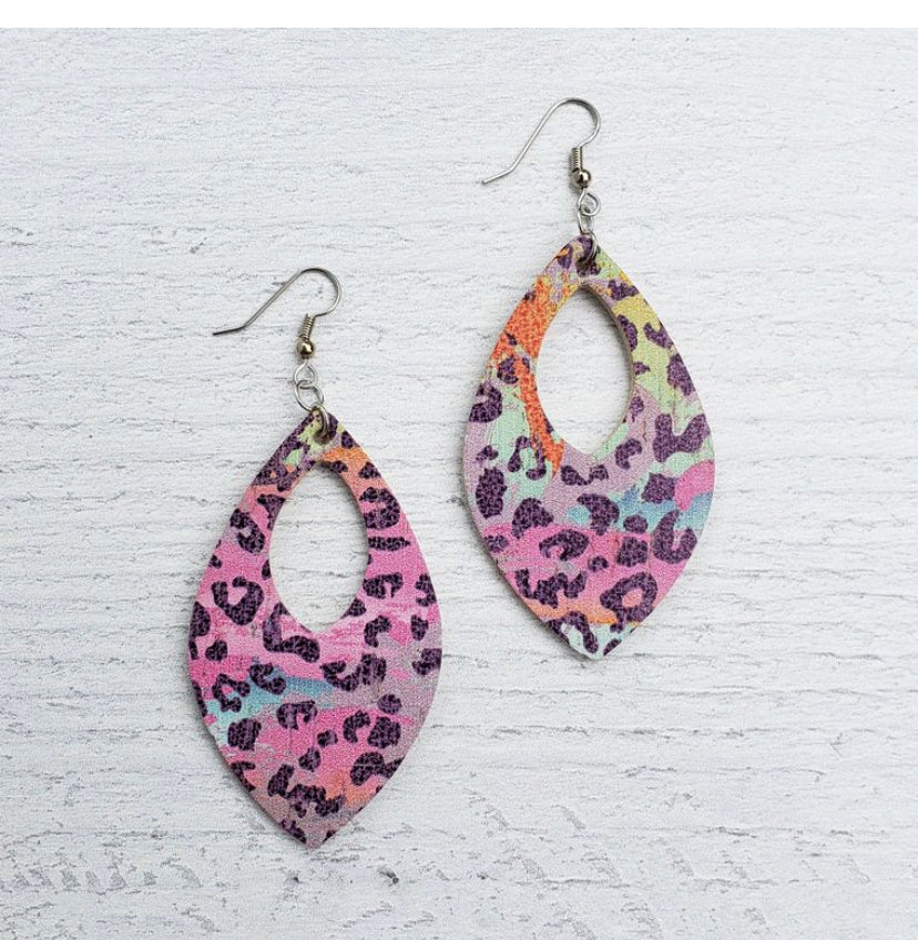 Rainbow Leopard Leather Open Teardrop Earrings