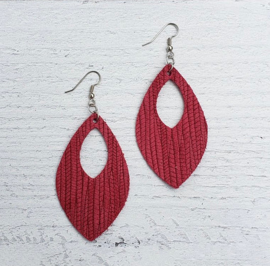 Red Wine Palm Leather Open Teardrop Earrings