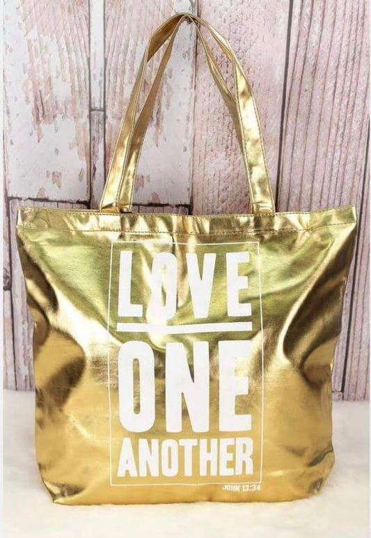 Metallic Gold "Love One Another" Inspirational Tote Bag