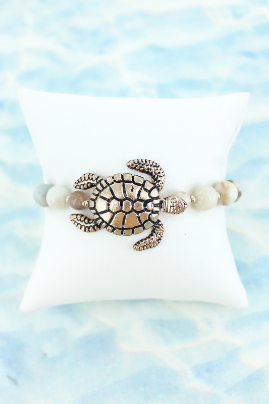 Goldtone Turtle Amazonite Beaded Stretch Bracelet