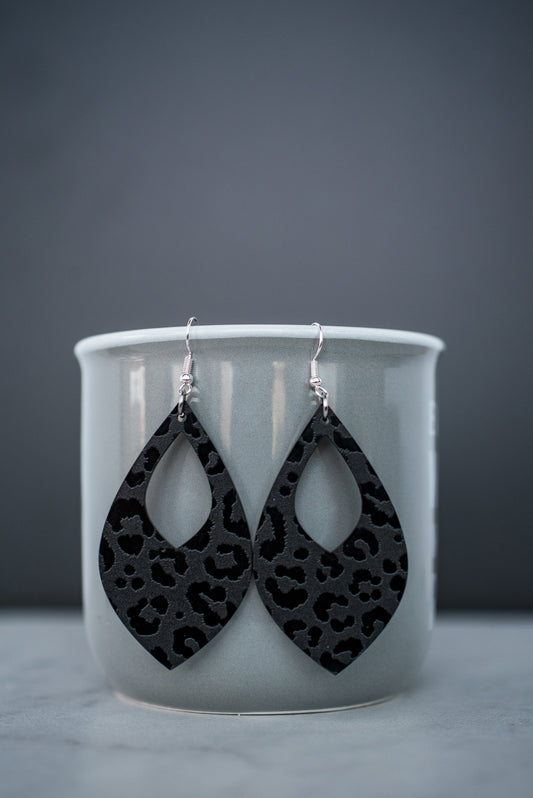 Large Matte Black Leopard Cutout Teardrop Dangles