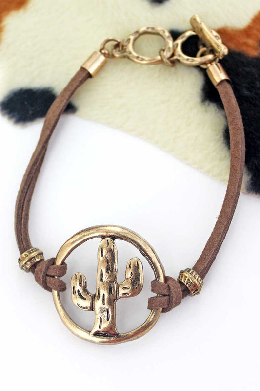 Goldtone Cactus Faux Leather Cord Toggle Bracelet