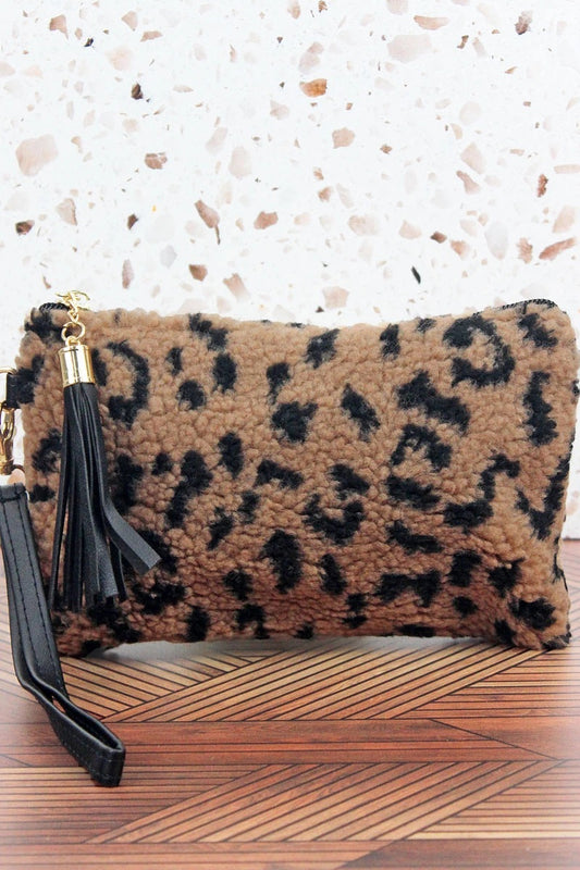 Leopard Peak Tassel Wristlet Pouch - Taupe -