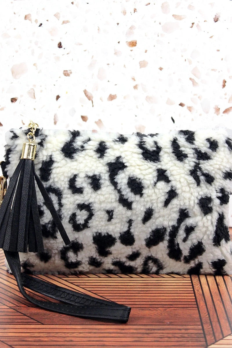 Leopard Peak Tassel Wristlet Pouch - White -