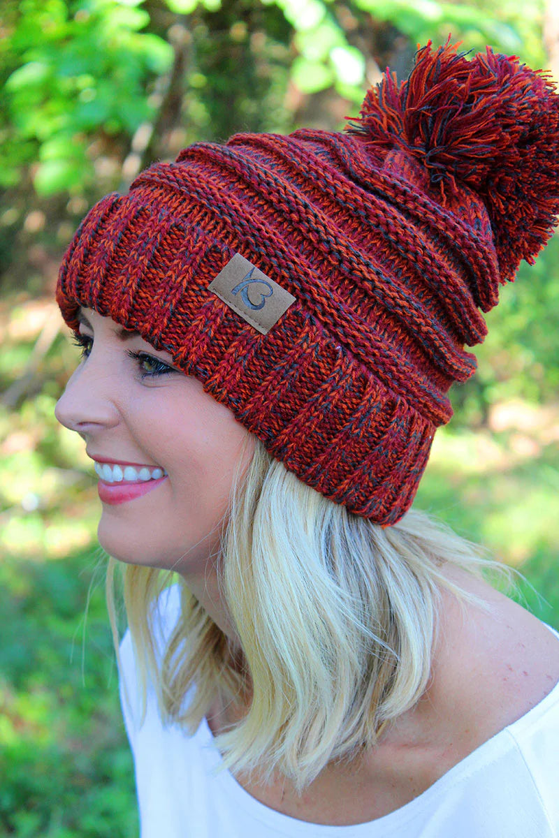 Pom Pom Beanie: Red/Orange Mix