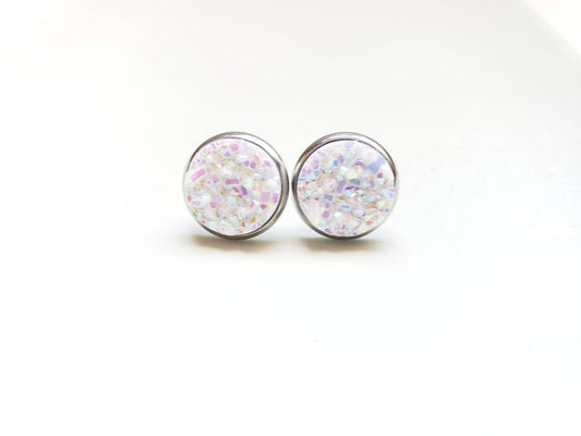 White Druzy Stud Earrings