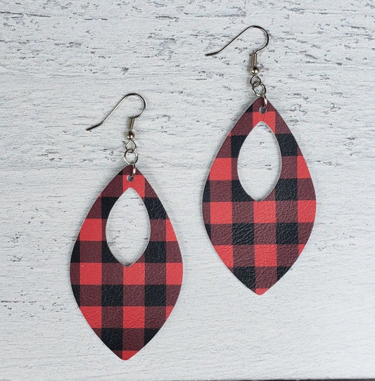 Buffalo Plaid Leather Open Teardrop Earrings