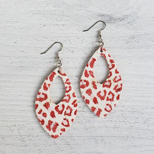 Red Leopard Leather Open Teardrop Earrings