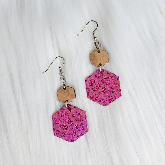 Pink Holographic Leopard Hexagon Earrings