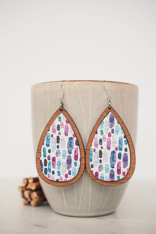 Watercolor Rain Leather & Wood Inlay Teardrop Dangle Earrings