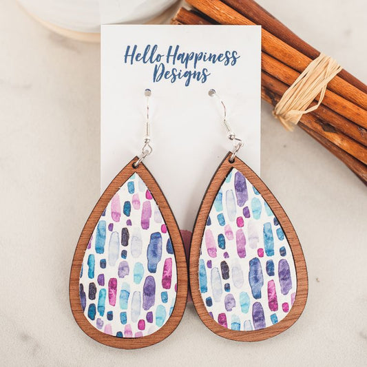 Watercolor Rain Leather & Wood Inlay Teardrop Dangle Earrings