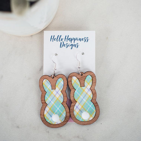 Teal Plaid Easter Bunny Inset Dangles