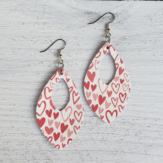 Pink Sketched Hearts Leather Open Teardrop Earrings