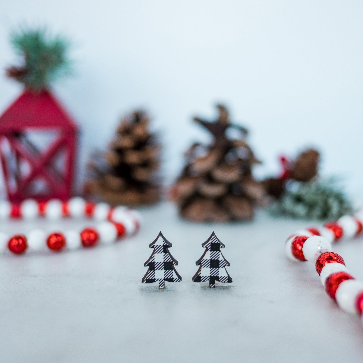 Micro Black & White Buffalo Check Christmas Tree Studs - Christmas Holiday Festive Earrings