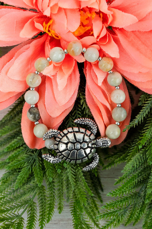 Silvertone Turtle Amazonite Beaded Stretch Bracelet